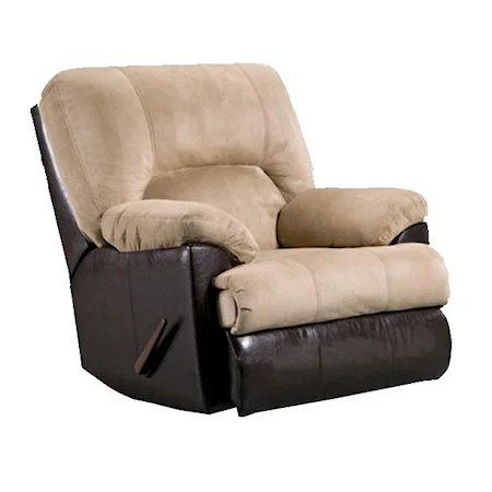 Casual Rocker Recliner with Exterior Handle and Attached Chaise Footrest